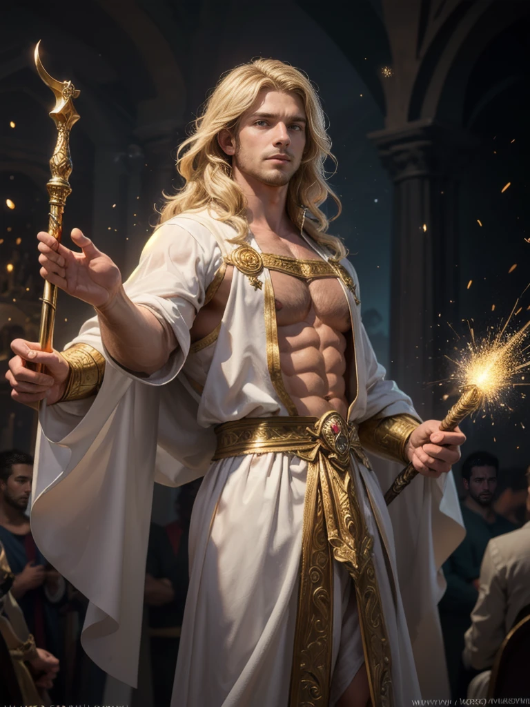 Best Quality, CG Unit, masterpiece, Hyperrealistic image of an extremely handsome and tall 30 year old man., dressed as a holy fantasy cleric in transparent white robes, exposed chest, holding a majestic sacred staff, open arms, ((Golden magic particles)), ((golden locks surround it)), perfection, absurdly elaborate fantasy shoulders, Whole body, fill the frame, Very detailed, intricate details, sharp focus, dynamic lighting, dynamic shadows, (((without watermark)))
