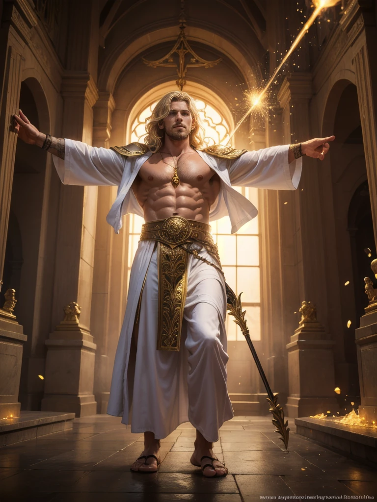 Best Quality, CG Unit, masterpiece, Hyperrealistic image of an extremely handsome and tall 30 year old man., dressed as a holy fantasy cleric in transparent white robes, exposed chest, holding a majestic sacred staff, open arms, ((Golden magic particles)), ((golden locks surround it)), perfection, absurdly elaborate fantasy shoulders, Whole body, fill the frame, Very detailed, intricate details, sharp focus, dynamic lighting, dynamic shadows, (((without watermark)))