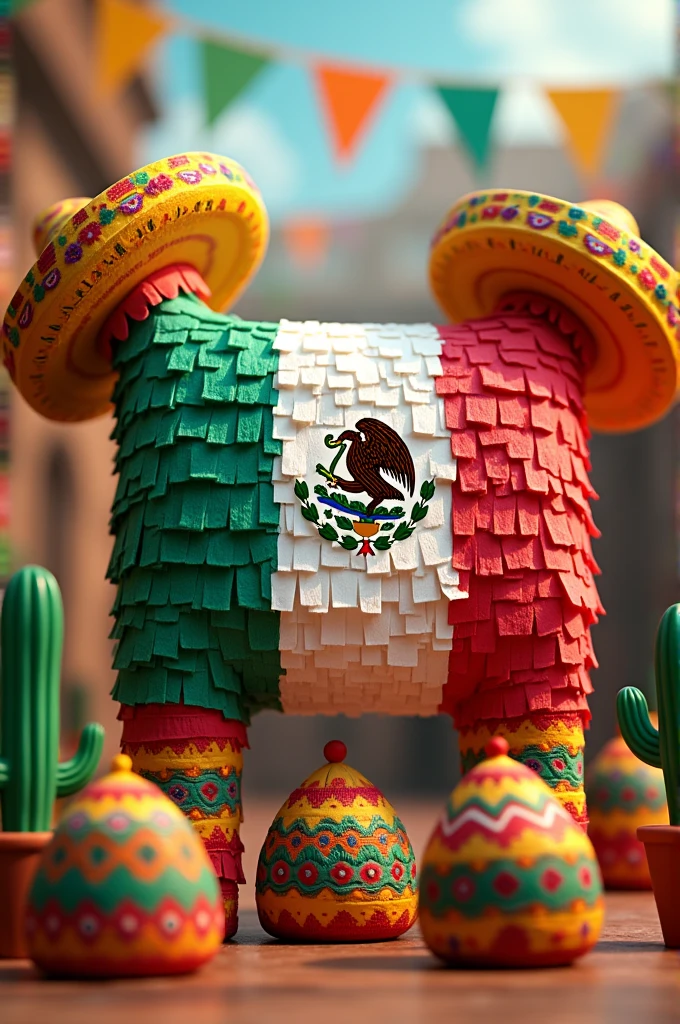 Rectangular Mexican flag piñata with cactus piñatas, tacos, Hats, mariachis, etc... Stuck on the edges