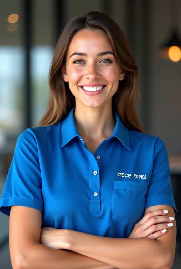 Create a realistic image of an Argentine lady wearing an electric blue polo shirt. In addition to having the word printed on it "CRECE MASS" in the right pocket . She must be smiling and with her arms crossed. Between the ages of 17 and 21. That she is attractive and works in a bank .
