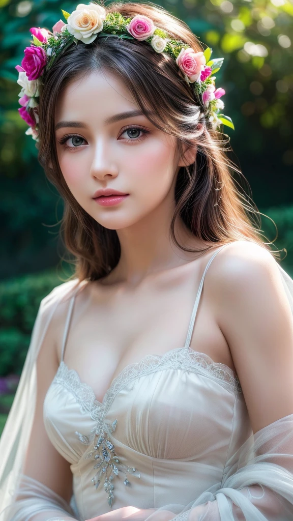 a gorgeous young girl, beautiful detailed eyes, beautiful detailed lips, extremely detailed eyes and face, long eyelashes, delicate facial features, porcelain skin, soft lighting, romantic, ethereal, serene expression, flowing hair, colorful flower crown, standing in a lush garden, vibrant colors, photorealistic, masterpiece, (best quality,4k,8k,highres,masterpiece:1.2),ultra-detailed,(realistic,photorealistic,photo-realistic:1.37)