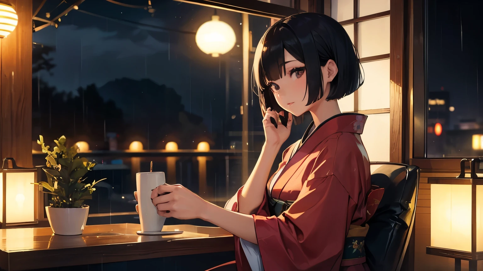 A beautiful woman in her twenties in a kimono enjoying coffee and listening to music in a retro cafe、Black bob hair、Outside the window is night、Fantasy、rain