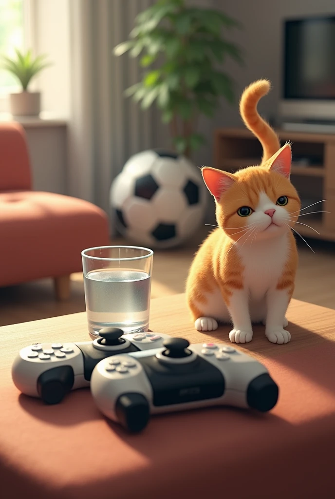 You could make an image where on a table there is a PS5 controller and a glass of water and a cat's tail with a soccer ball in the background