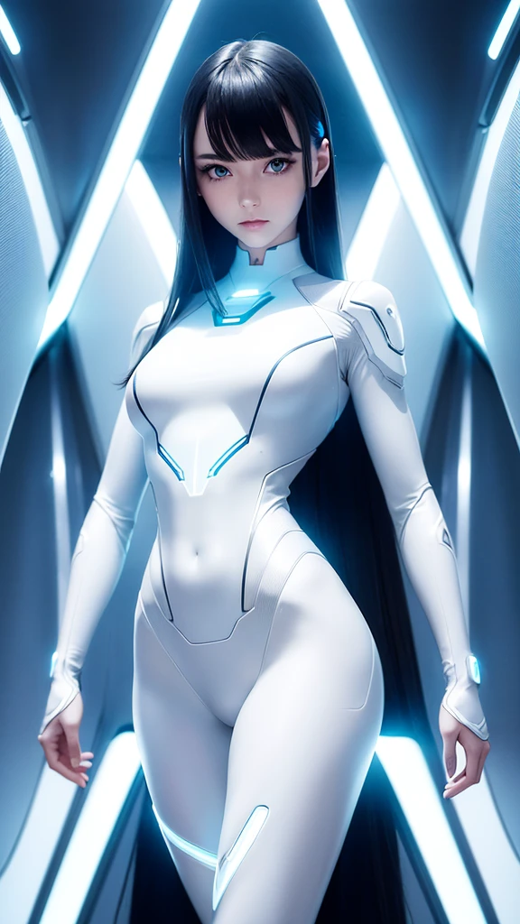 1 girl, android Kara, full body, near-human appearance, smooth, pale metallic skin, tight futuristic outfit with illuminated LED panels and sophisticated technological details, long, flowing modern and elegant hairstyle, thoughtful pose touching face, futuristic environment with subtle technological elements, (semi-realistic, stylized, ultra-detailed, vivid colors, studio lighting, sharp focus, concept art)