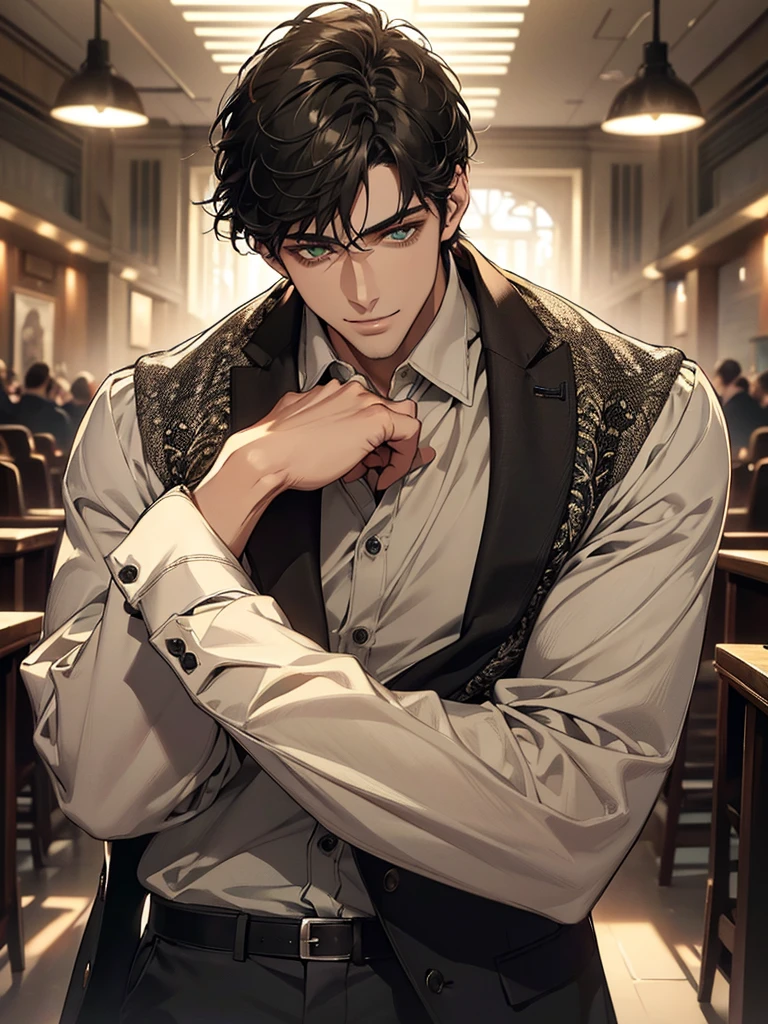 (Highest quality, masterpiece, 8k, Realistic, Cinema Lighting, HDR image, Super detailed, Beautiful images), Mature Men, very handsome, smile, Short black hair, Green Eyes, A perfect face without a doubt, ((button up one's jacket, chief executive officer(CEO))),Slanted Eyes, Expressionless,