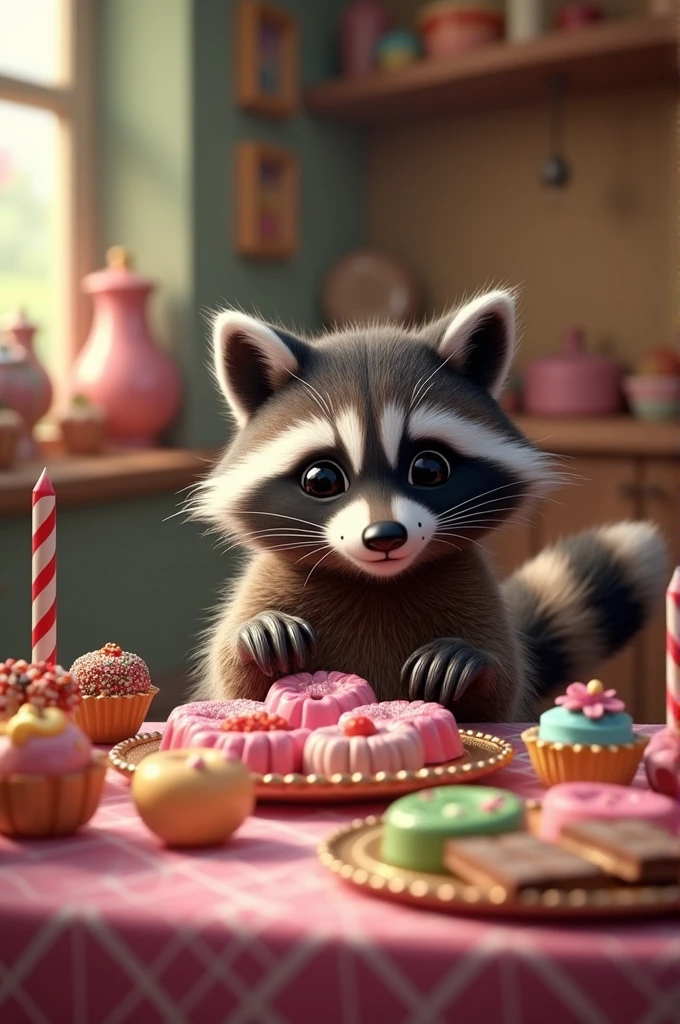 Raccoon with candy table