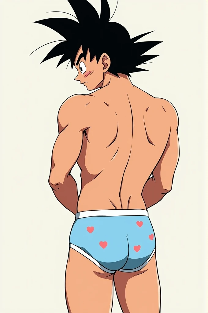 Goku from dragon ball z (back view) He is embarrassed and showing his ass and wearing light blue underwear with white elastic and white heart prints.