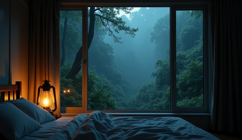 Bedroom view with one lantern light in the room, large window facing the forest, quiet night. original image, rainy day. original rendering, rainy night, gloomy cinematic lighting, atmosphere. digital painting, gloomy cartoon scene, dramatic lighting. cinematic, cinematic, concept art, atmospheric shot, gloomy weather. hyperrealistic rendering, atmospheric, rainy night, large forest, cinematic, 4k, ultra hd, atmospheric and gritty details, beautiful and cinematic lighting, rainforest