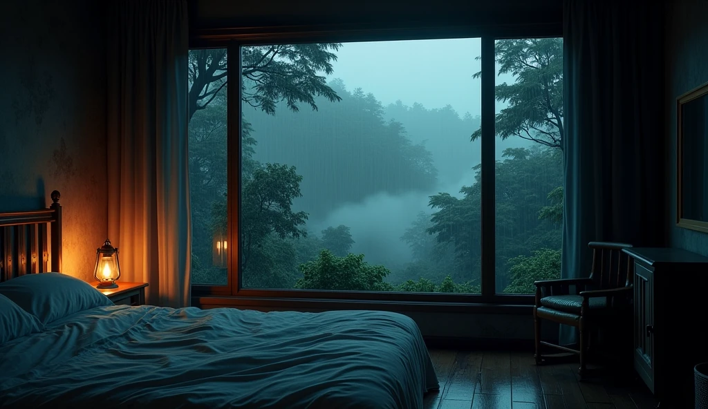 Bedroom view with one lantern light in the room, large window facing the forest, quiet night. original image, rainy day. original rendering, rainy night, gloomy cinematic lighting, atmosphere. digital painting, gloomy cartoon scene, dramatic lighting. cinematic, cinematic, concept art, atmospheric shot, gloomy weather. hyperrealistic rendering, atmospheric, rainy night, large forest, cinematic, 4k, ultra hd, atmospheric and gritty details, beautiful and cinematic lighting, rainforest