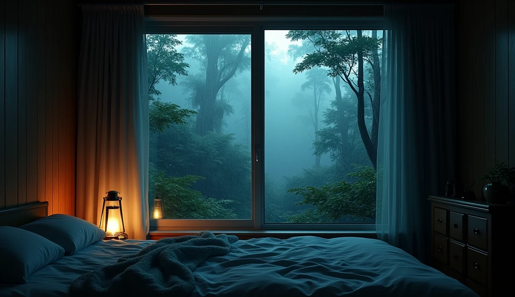 Bedroom view with one lantern light in the room, large window facing the forest, quiet night. original image, rainy day. original rendering, rainy night, gloomy cinematic lighting, atmosphere. digital painting, gloomy cartoon scene, dramatic lighting. cinematic, cinematic, concept art, atmospheric shot, gloomy weather. hyperrealistic rendering, atmospheric, rainy night, large forest, cinematic, 4k, ultra hd, atmospheric and gritty details, beautiful and cinematic lighting, rainforest