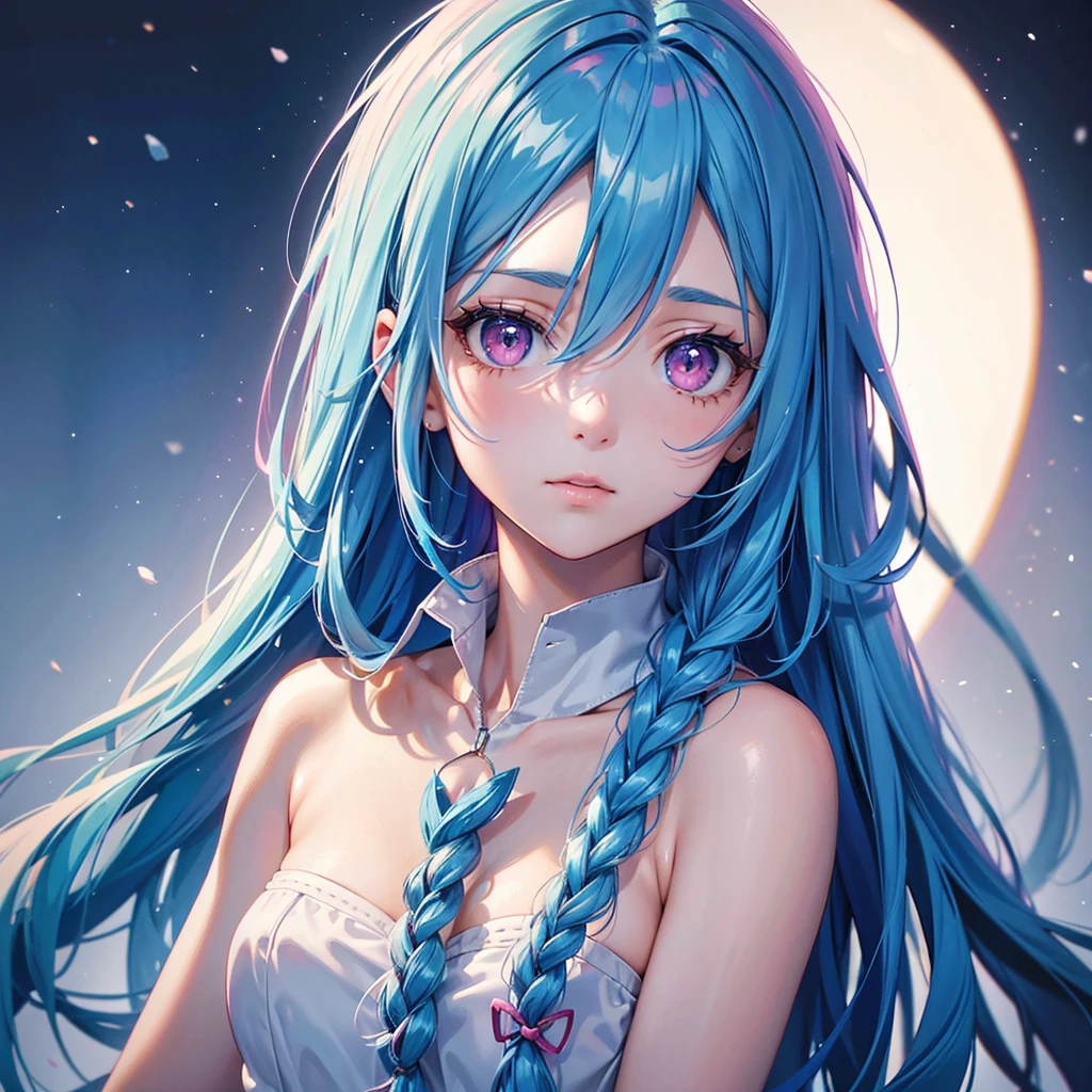 (Tying her sky blue hair into a single braid),(Pink Eyes),Fair skin,whole body,alone,Lonely face,Snowy Night,A lonely girl who got dumped just before Christmas,(masterpiece, Highest quality, Very detailed), Best Shadow,Detailed Background,Beautifully detailed face,High Contrast,Best lighting, Very delicate and beautiful,Cinematic Light,Hyper Detail,8k,Dramatic Light,Exquisite detail,
