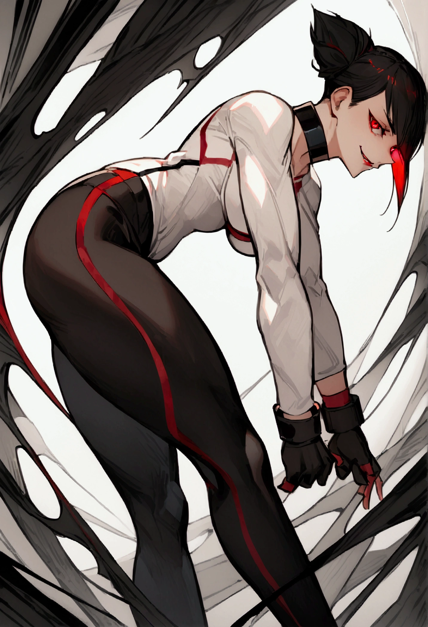fully body,standing,alone,short hair,work of art,face detailed,young fitness linda,Wearing black pantyhose,tight white sweater with collar ,neckleace,evil smile,red eyes glowing,labiaa,eye shadow,bangs on the eyes,black gloves,from sideways,perfil from sideways