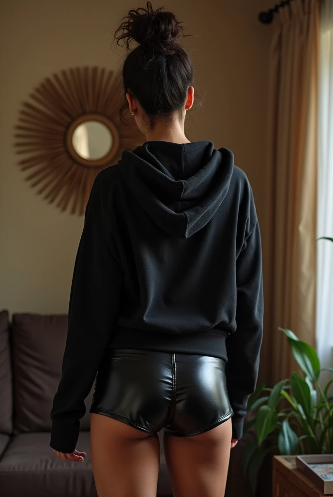black woman hair in a bun black hoodie black leather short shorts being fucked in the ass by a old grandma in a dress