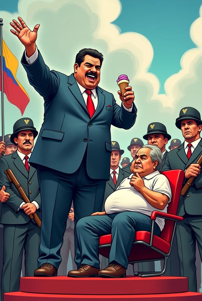 Cartoon of Nicolás Maduro mounted on a platform with all his armed henchmen behind him, yelling at Edmundo González Urrutia who is an elderly and chubby man who is sitting eating a cone