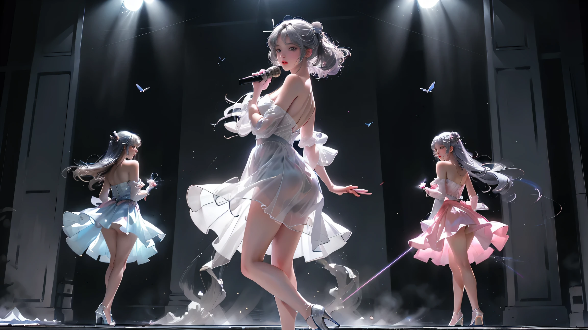 ((A trio of girls standing on the stage in the main hall))、(Rear view)、(look back),蛍光Farbe、((3People Girls)),Look to the side、Beautiful Face、Beautiful Eyes、(Big Blue Eyes)、(Silver dull hair)、Shiny Hair、Glowing Skin、Reduce glare、Finger Proportion Adjustment、Escrow、Bat View、(Dancing()、Dynamic Angle、(Master Parts)、(Highest quality)、(Ultra detail)、(An Illustration)、(Detailed light)、(Very delicate and beautiful)、Dramatic Shadows、Ray Tracing、reflection、Ultra high resolution、(Master Parts)、(Highest quality)、(ultra HD)。High resolution、((Colorful hair and mesh))、Her hair flutters in the wind、(大きな深い青Farbeの目)、Silver Hair、haired woman、Sparkling Butterfly、Sparkling Butterfly、黒haired woman、Points of light around the woman、Magical Aura、緑Farbeの点、The nature of the aura、Magical Aura黒haired woman、((Translucent white one-shoulder dress:1. 3)、(Sleeveless)、(The skirt flutters in the wind)、(Searchlight)((Farbe々Laser beam))、(I can see her white panties)(Full Body Shot)、(Long legs)、(High heels)、holding a microphone in one hand、
Prepare