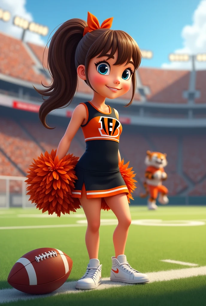Bengals cheerleader tween
Chunky body
Brown hair, medium length in ponytail, bangs,
blue eyes
football field stadium
Black & orange one piece outfit with Bengals logo black shoes
No socks
hair bow
With tiger mascot on field
Smiling
Football on ground
Pompom on ground
