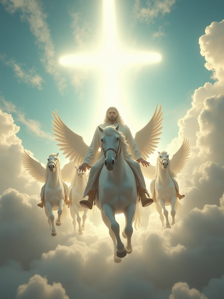 second comming of Jesus in the air with a bright white Horse long white hair and no wings and with a group of angels riding a horse realistic