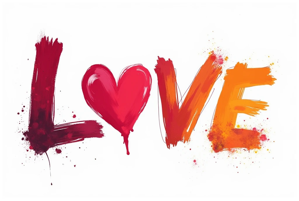 irregular red-blue inscription "love" and next to it a cartoon heart in the same style and colors, creative ,capital letters, a very irregular painting with a ragged brush, blurred edges from fingers, the colors blend into each other, irregularity, irregular edges, on a white background, the texture from the brush can be seen in the text