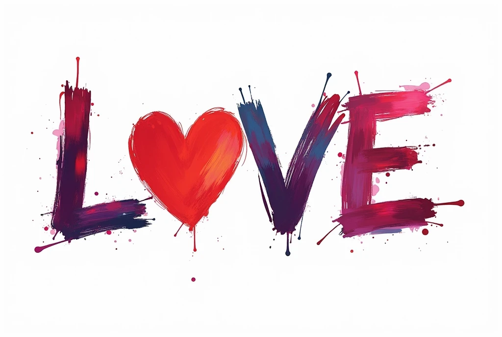 irregular red-blue inscription "love" and next to it a cartoon heart in the same style and colors, creative ,capital letters, a very irregular painting with a ragged brush, blurred edges from fingers, the colors blend into each other, irregularity, irregular edges, on a white background, the texture from the brush can be seen in the text