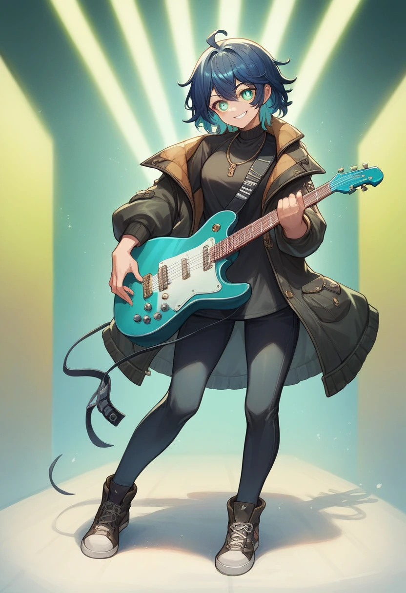 anime, masterpiece, best quality, UHD, anatomy correct, detailed skin, detailed pupils, detailed hair, girl, cool girl, smile, hair correct, full body, vtuber full body, standing pose, guitarist, dark blue hair, green neon eyes, pose, dynamic pose, cool outfit