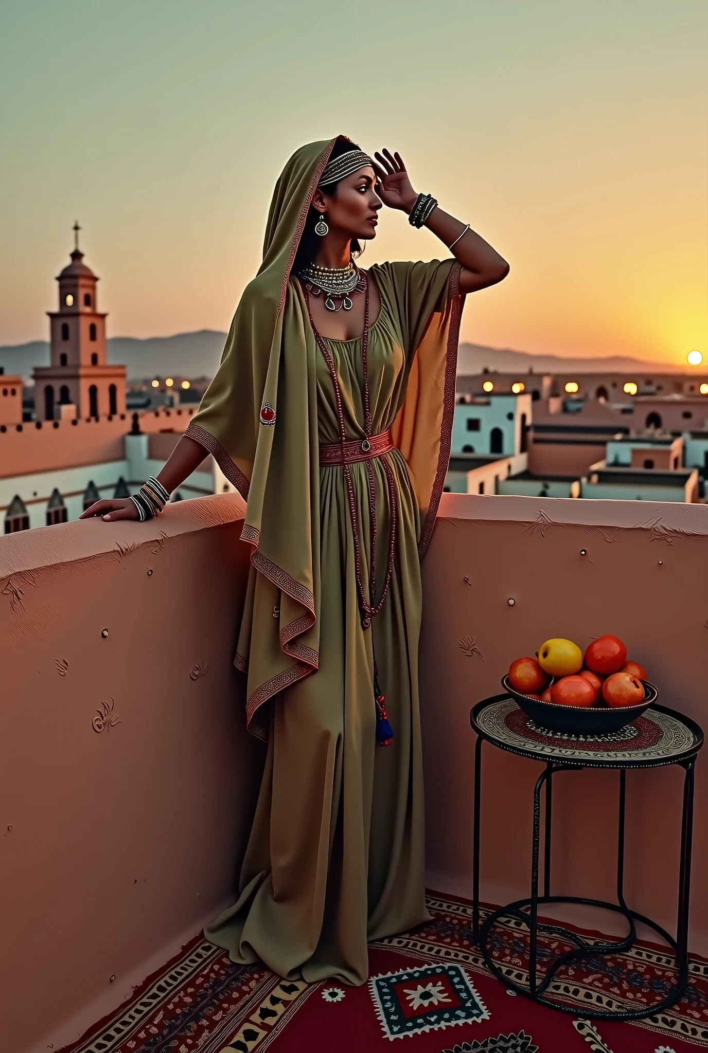 A Moroccan Amazigh woman, standing on the roof of the house, leaning with her hands on the wall and her other hand over her head to block the sun from her eyes. Very wonderful pictures, in high resolution, as if it were a painting by Leonardo da Vinci. .
Above the roof, you see the houses looking far away, and the windows are lit, the woman stands on a Berber carpet, wearing Berber accessories, and next to her is a table with fruits on it. 