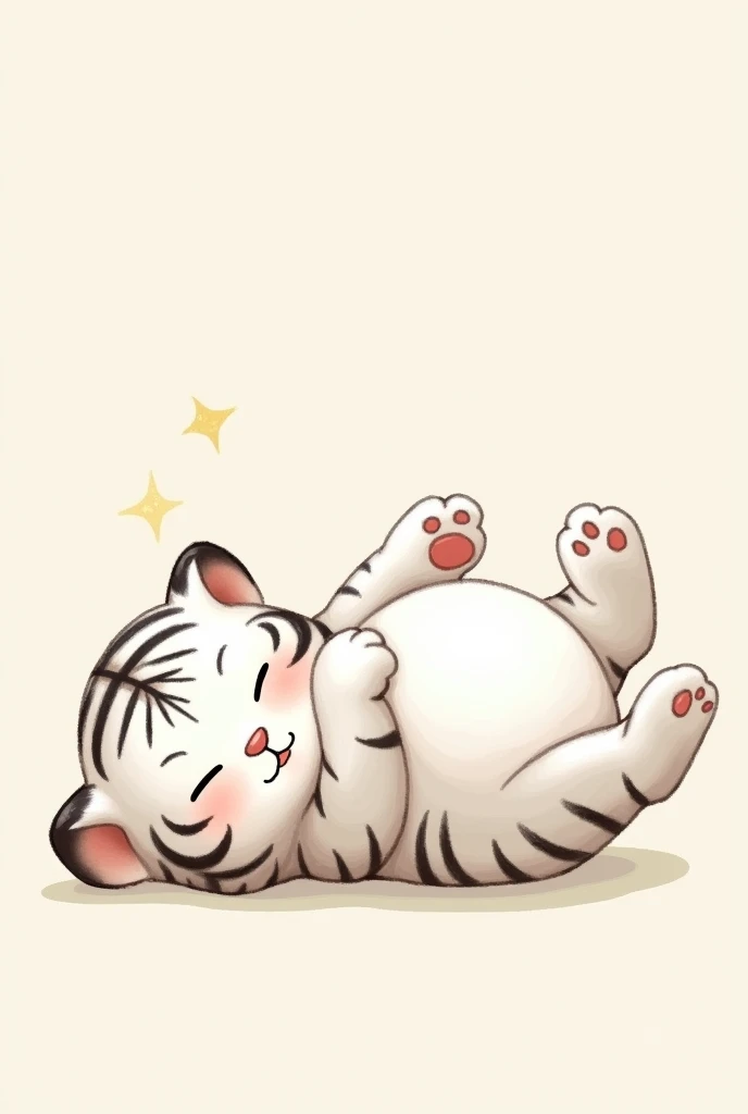 One white tiger cub sleeping on his back with a bloated belly. Cute illustration.