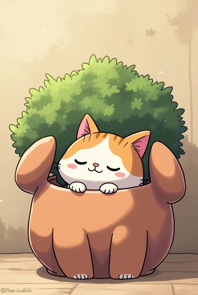 A cat lying in an anime-style flowerpot. The flowerpots have to be striking elephant bear figures.