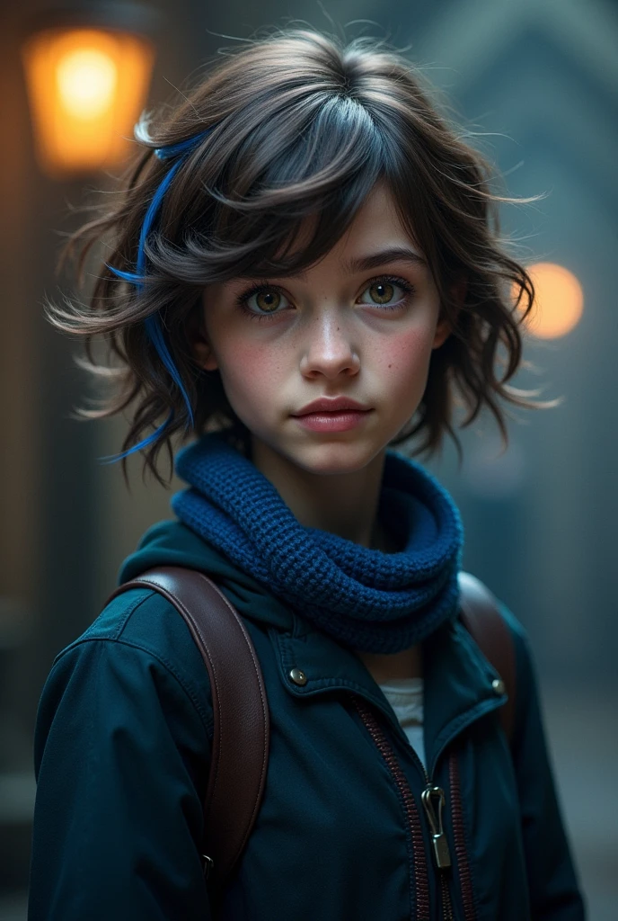 Hogwarts Ravenclaw girl, brown hair, brown eyes,  some blue in hair as well. Hair is short wolfcut. . Does NOT look like a child.