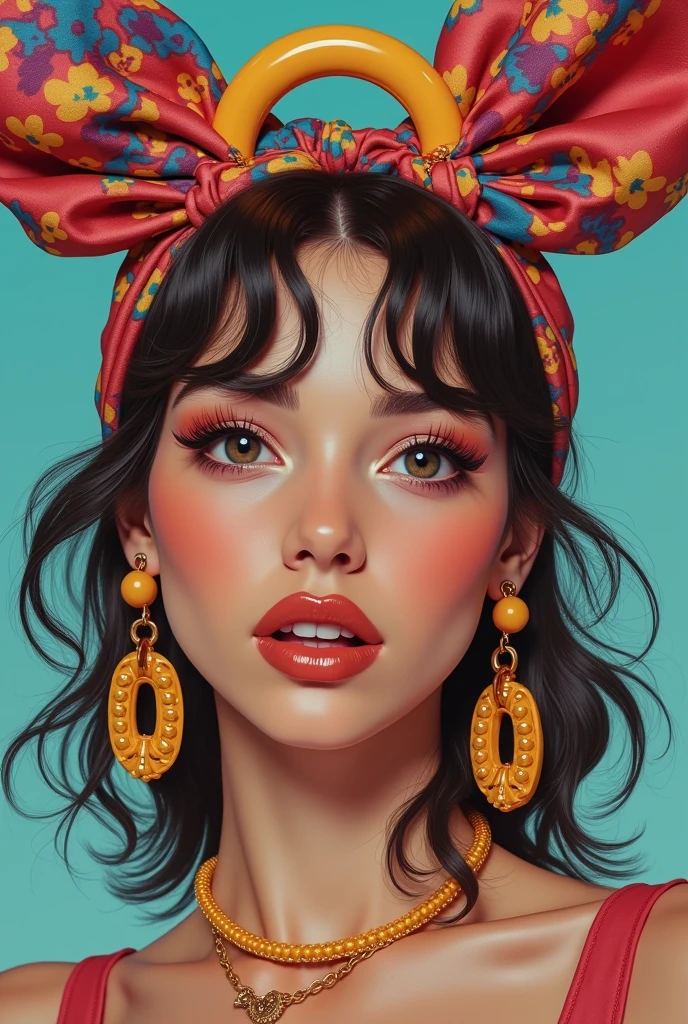 Woman with 80s style fabric headband with a plastic hoop accessory in the middle, with earrings and plastic hoop necklace.