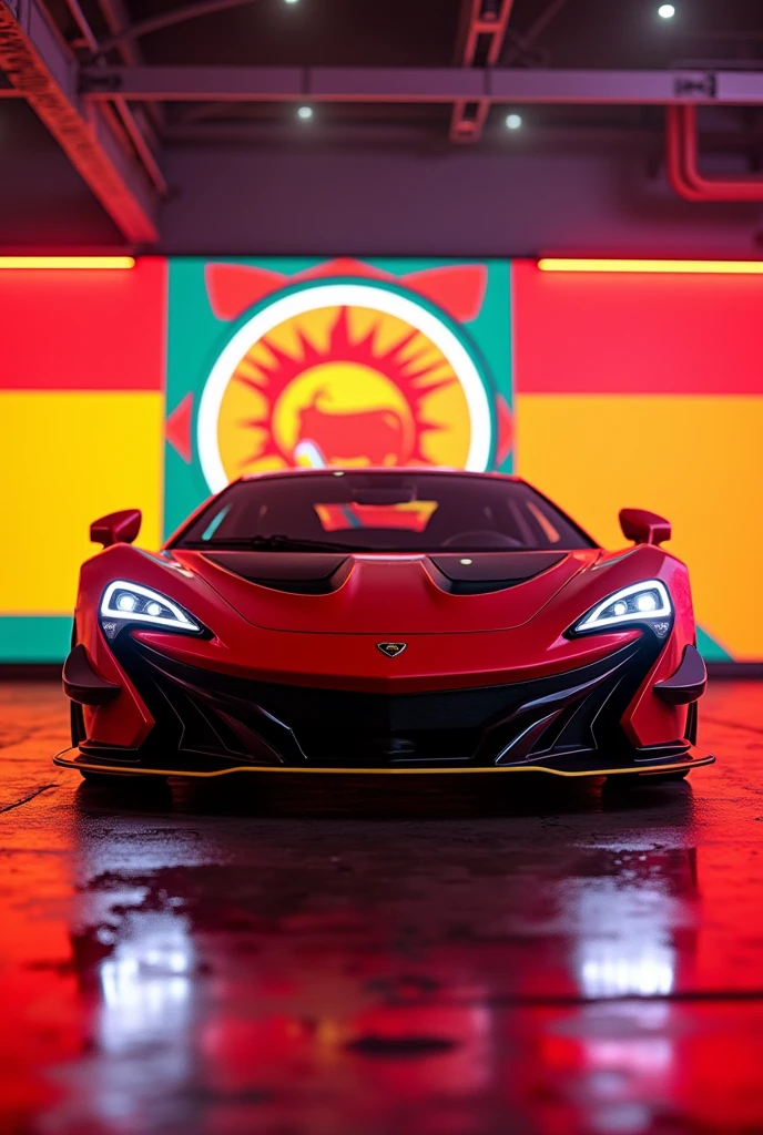 A lamborghini car in red and yellow combination and neon light. On background karnataka flag