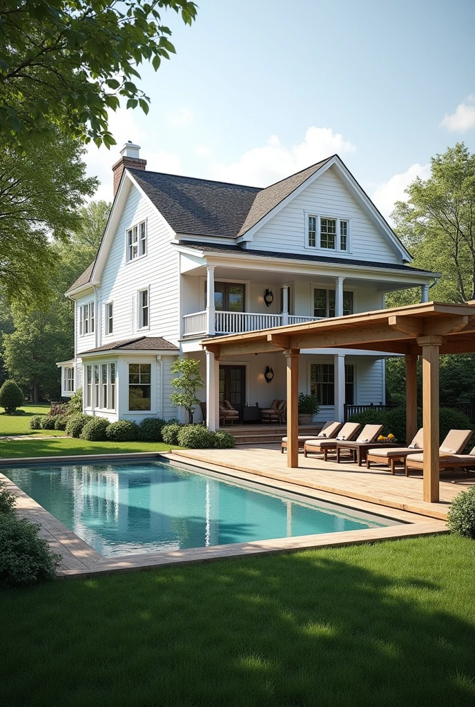 White country house , L-shaped balcony with wooden roof structure with outdoor pool and a wooden deck around it. Having a grassy space between the pool deck and the house 