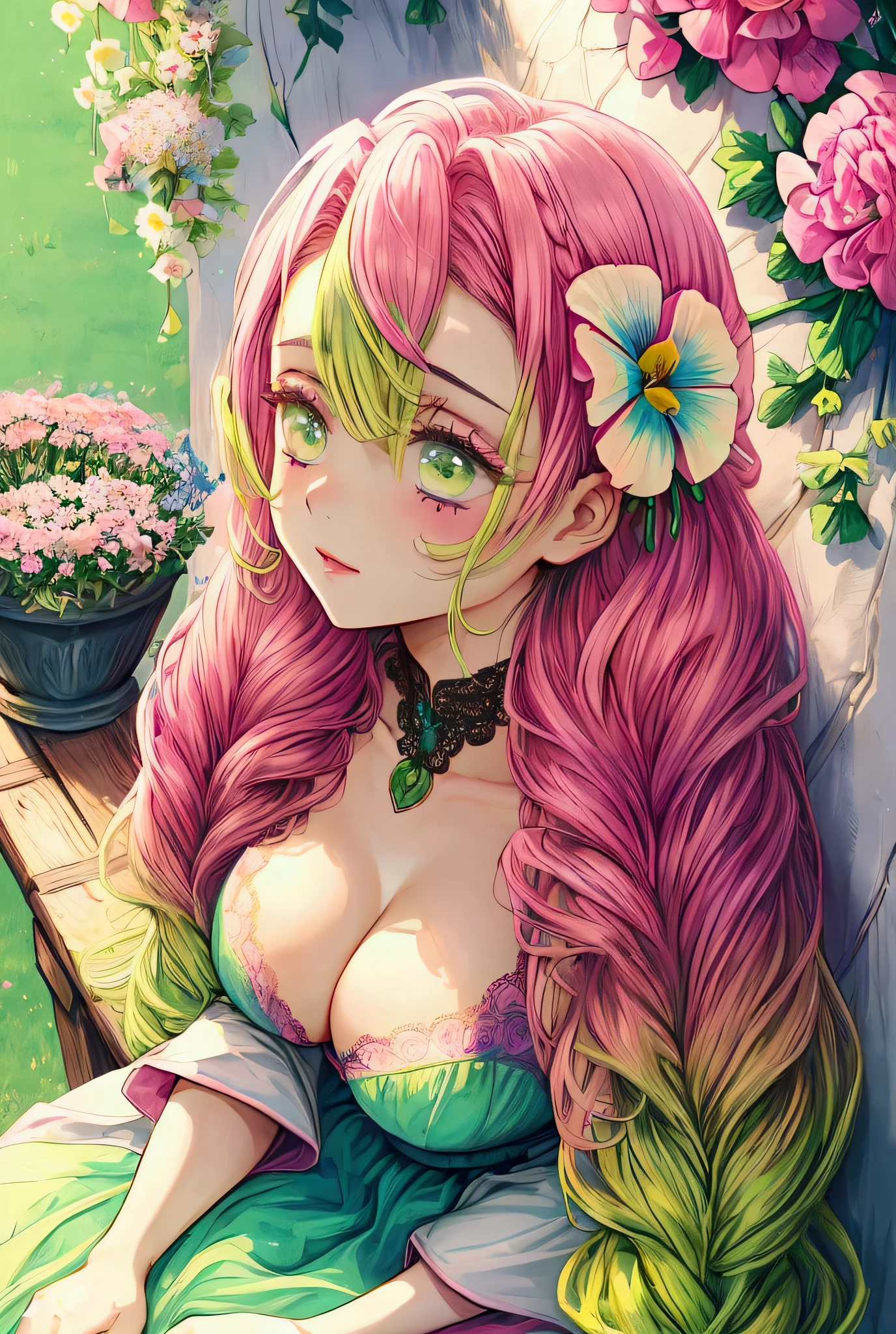 Convert your flower art into illustration.、Create backgrounds with vibrant colors and unique touches　The type of flower is statice、Gypsophila、sweet pea、Mix in some lace flowers, big breasts, cleavage, pink hair, green eyes, (green highlights), green braids, sitting, sexy pose, 
