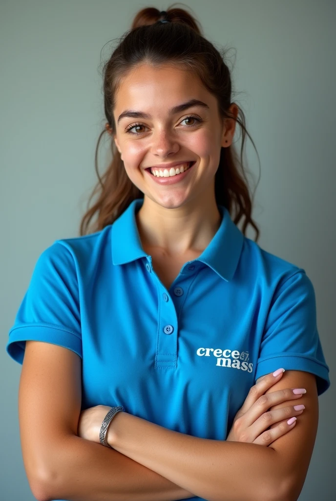 Create a realistic image of an Argentine lady wearing an electric blue polo shirt. In addition to having the word printed on it "CRECE MASS" in the right pocket . She must be smiling and with her arms crossed. Between the ages of 16 and 20. Let it be attractive.