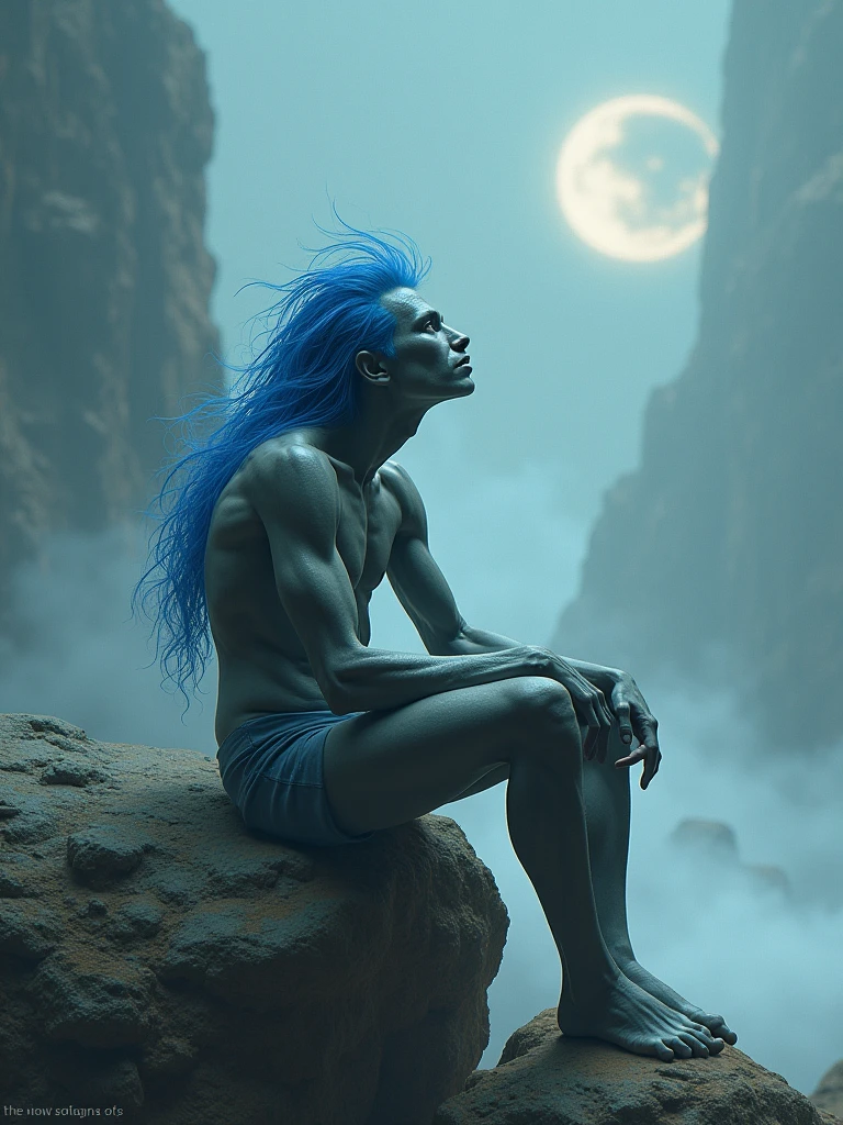 John hurt with gray skin and riotous  blue hair sitting in a big rock staring at the stats