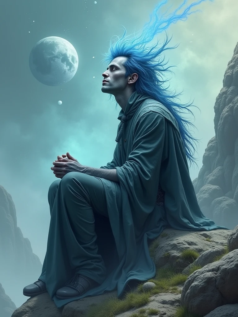John hurt with gray skin and riotous  blue hair sitting in a big rock staring at the stats