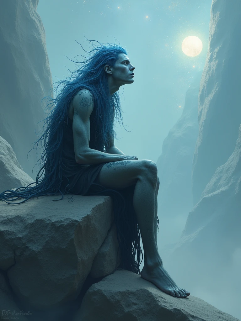 John hurt with gray skin and riotous  blue hair sitting in a big rock staring at the stats