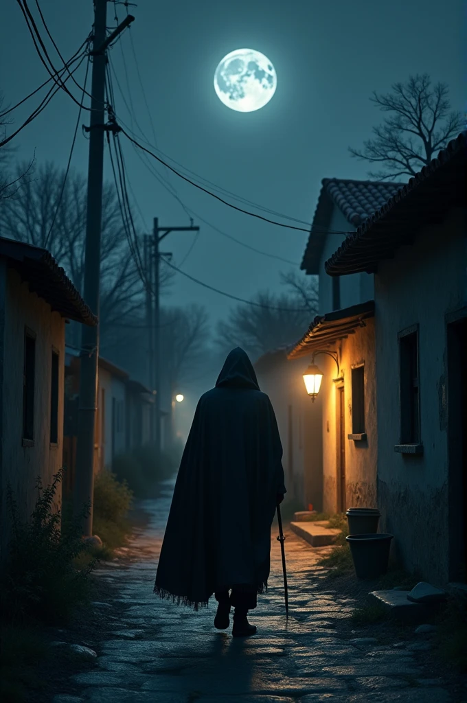 Prompt: A quiet village at night, dimly lit by the moon. A sneaky figure, the thief, wearing a dark cloak, is cautiously approaching a modest house with a light in the window, representing the home of the mosque's imam.