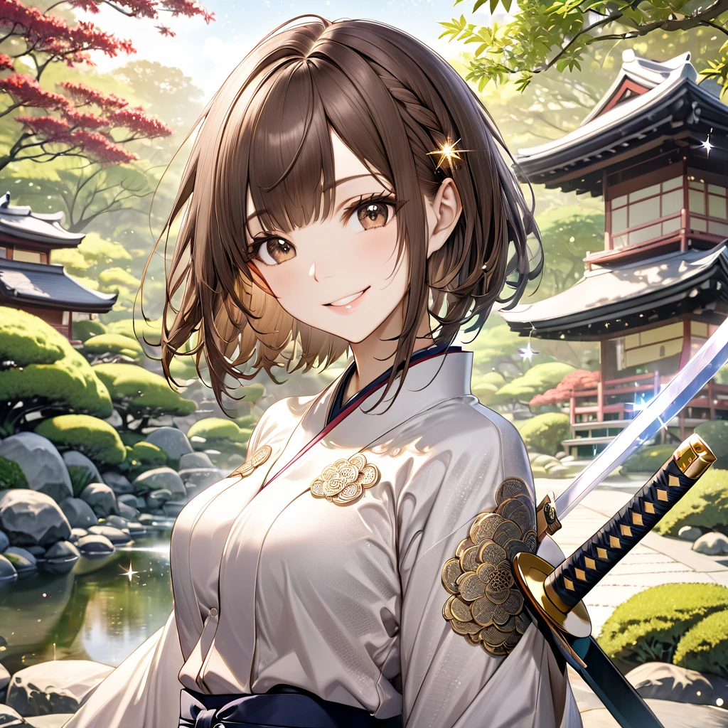 High resolution, masterpiece, 最high quality, Very detailed, high quality, Textured skin, Bob Hair, Brown Hair, Natural smile,Sparkle Effect, far and near method, chest, Girl with sword, In the same way,Japanese garden,Character portrait,