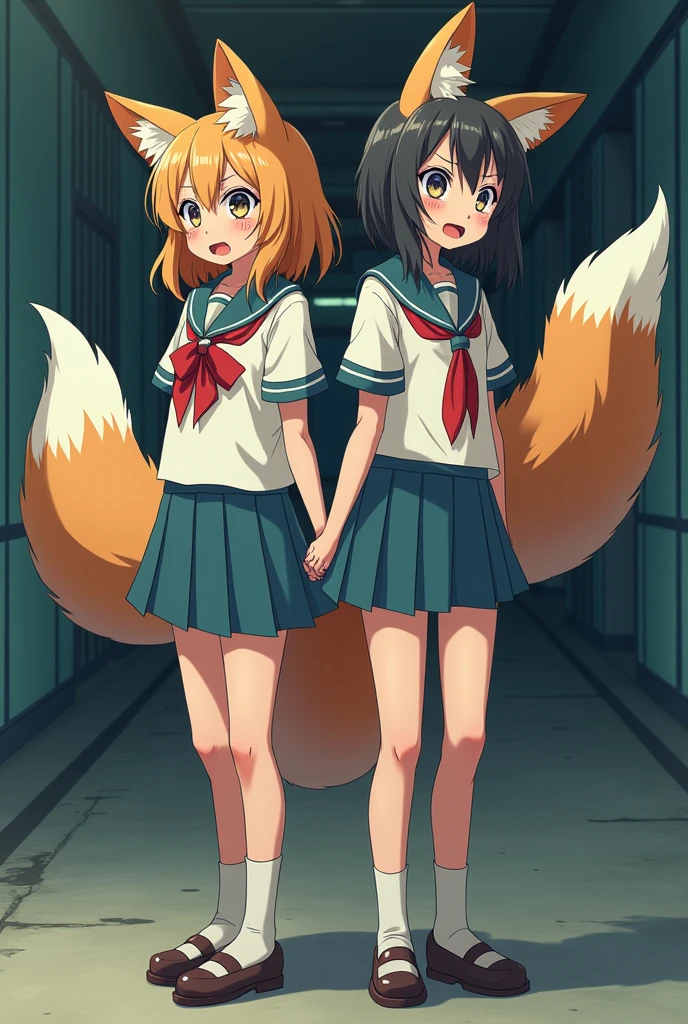 Two girl's lower_body is transformed into a fox(Japanese anime style)(four legs)(three tails)(scared and crying)(fox ears)(student costume)(fox_taur)