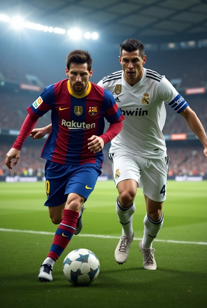football lionel messi and ronaldo running with barcelona 2015 jersey and cristiano ronaldo with real madrid 2015 jersey