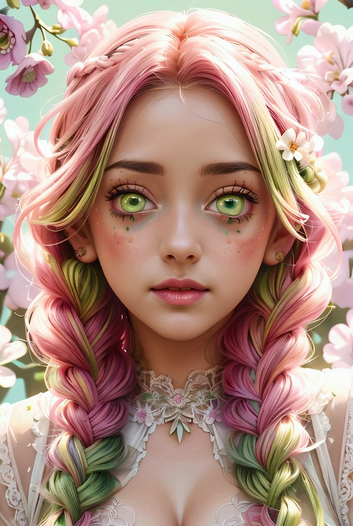 Convert your flower art into illustration.、Create backgrounds with vibrant colors and unique touches　The type of flower is statice、Gypsophila、sweet pea、Mix in some lace flowers, big breasts, cleavage, pink hair, green eyes, (green highlights), green braids, standing, contrapposto, sexy pose, thick thighs, thigh highs, lingerie, arms resting behind, ulzzang, big green sparkling eyes like gemstones,
