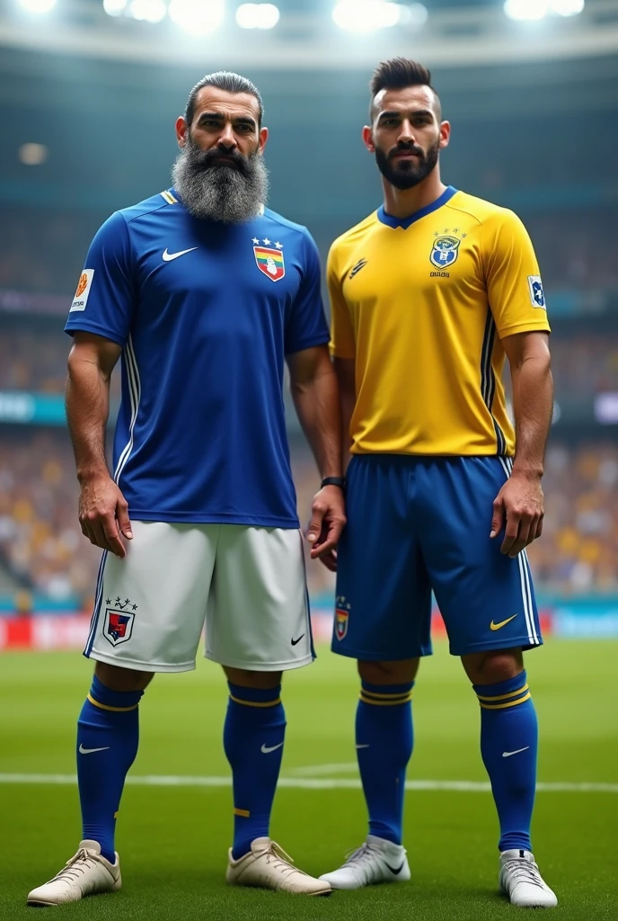 A very bearded, hairy, strong Iranian man wearing the El Salvador national football team uniform. He must wear a blue shirt with white details and the Salvadoran Football Federation shield on the chest.. The shorts must be white with blue details., and the socks, blue with a white stripe. His expression should be confident, e a pose, Stately, reflecting their strength and pride by wearing the uniform.Giving an interview side by side with a player from the Brazilian national team on the field at the stadium.