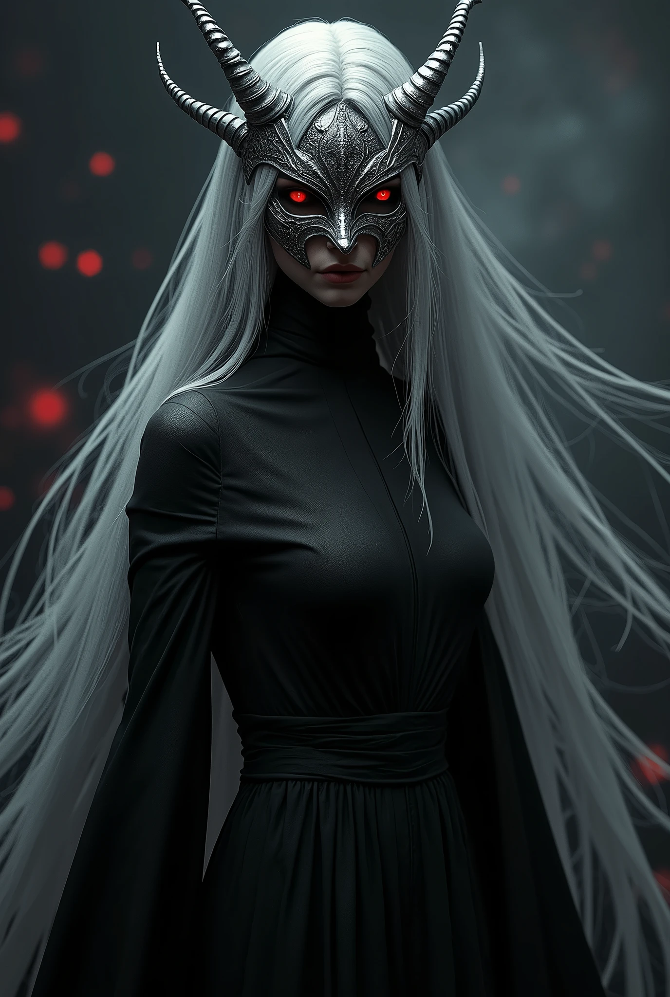 female demon with black base, hiding the face with a mask, silver mask with red eyes, covering the entire head, Beautiful shape, Long straight silver hair, and long, flowing black dress, galaxy background, octagram, shading effects, gradation magic effects, (Ultra detailed, Absolute resolution, Best quality:1.3), 2.5D, gentle and dynamic, art photography, hyperrealistic, CG graphics digital cartoon art