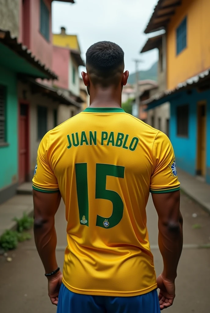 A Brazilian in a favela with his back turned, with a brazil shirt that says juan pablo
