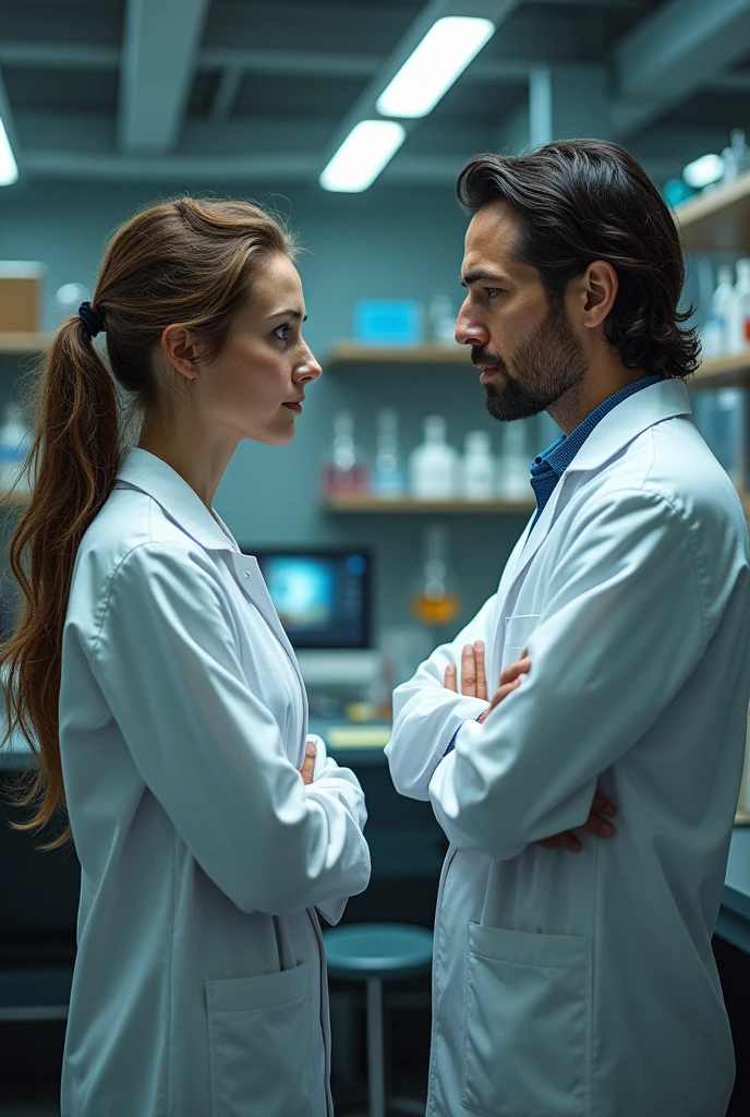 Two scientists, a woman with loose hair and a man.