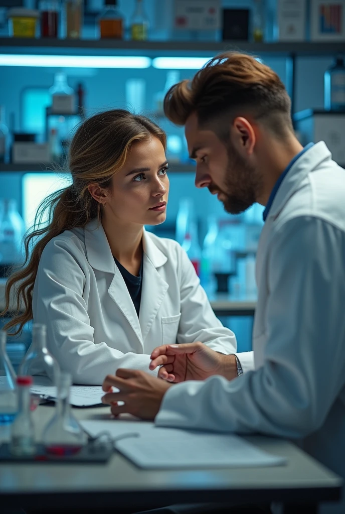 Two scientists, a woman with loose hair and a man.