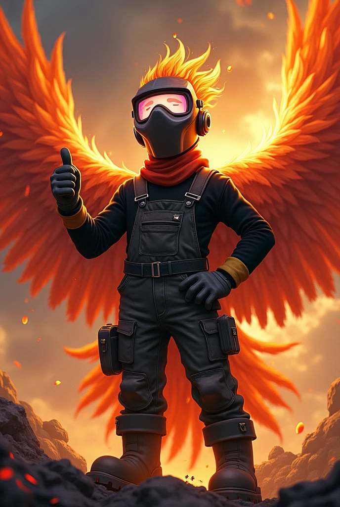 Ave fenix, with welding mask on head, safety glasses, ear plugs, Security boots,  gloves, black overalls and black long-sleeved shirt, cheered up, with one hand on the waist and the other with the thumb up