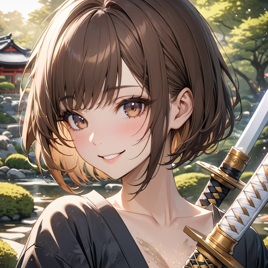 High resolution, masterpiece, 最high quality, Very detailed, high quality, Textured skin, Bob Hair, Brown Hair, Natural smile,Sparkle Effect, far and near method, chest, sword,girl,Japanese garden,Portraits, Hakama,