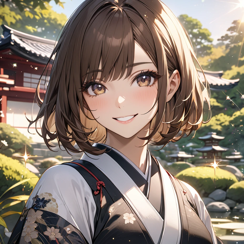High resolution, masterpiece, 最high quality, Very detailed, high quality, Textured skin, Bob Hair, Brown Hair, Natural smile,Sparkle Effect, far and near method, chest, sword,girl,Japanese garden,Portraits, Hakama,
