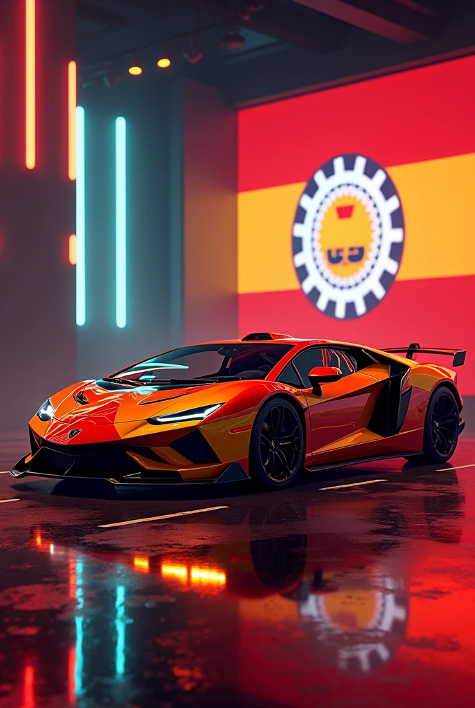A lamborghini car in red and yellow combination and neon light. On background karnataka flag 🚩